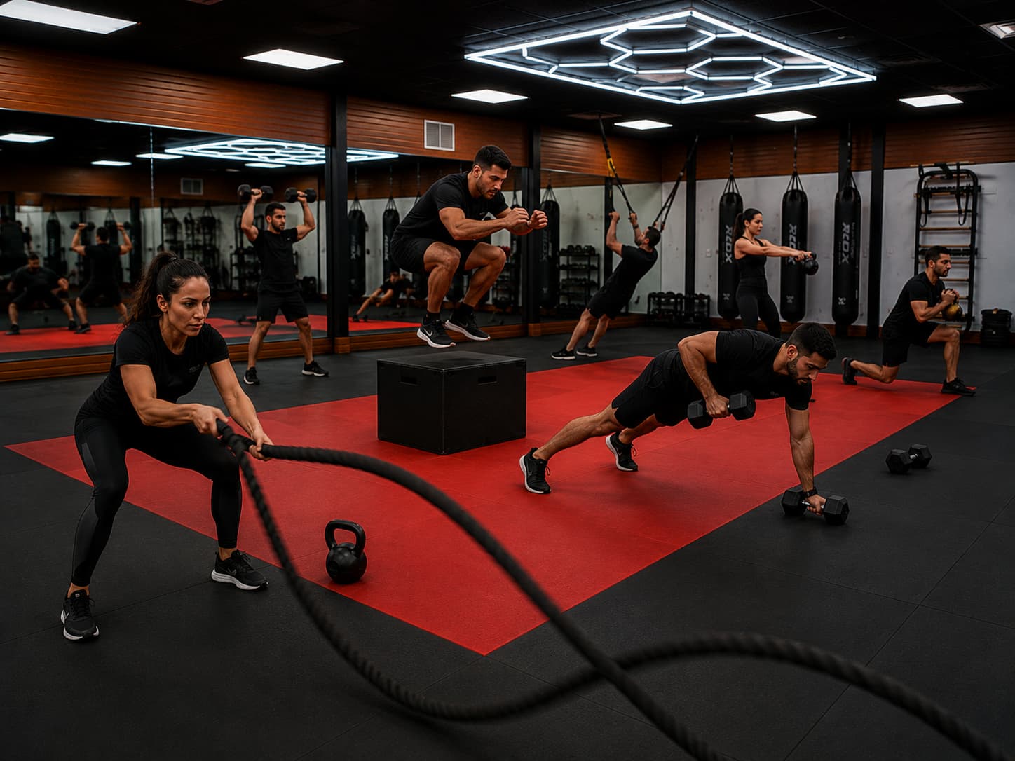 Circuit HIIT en groupe, cordes ondulatoires et poids